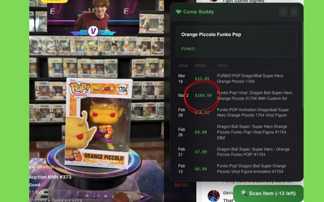 Comp Buddy scanning Funko Pop on Whatnot live stream