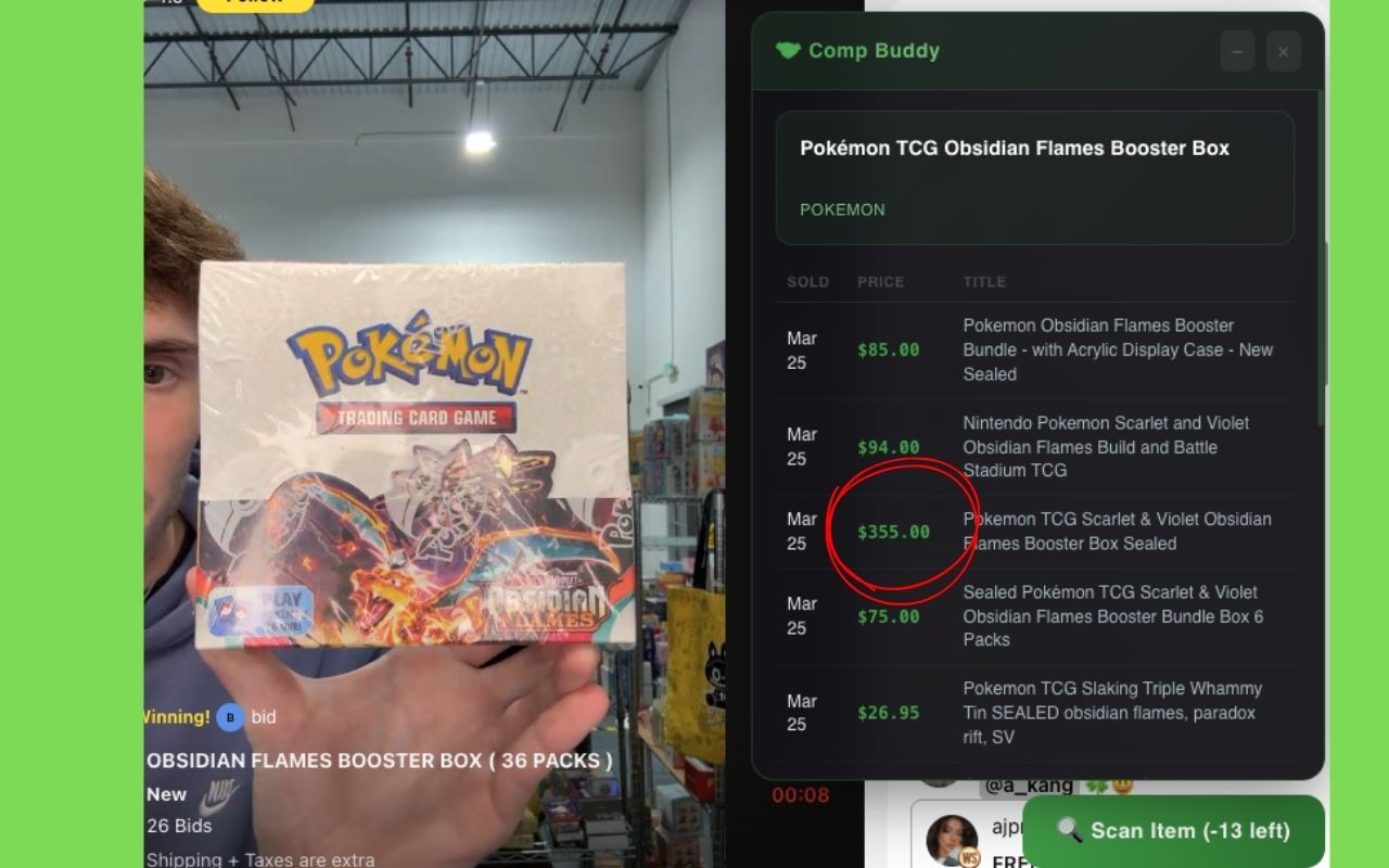 Comp Buddy scanning Pokémon booster box on live auction