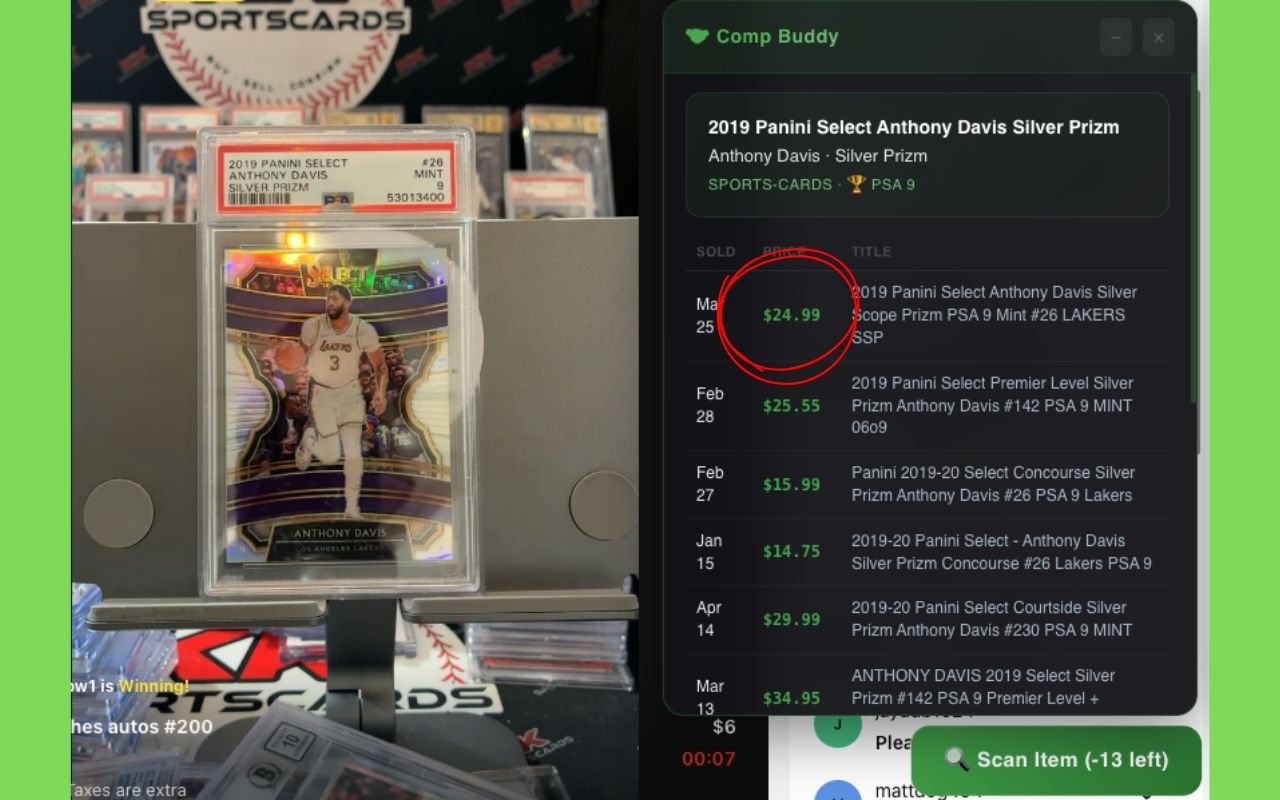 Comp Buddy scanning PSA 9 Anthony Davis sports card