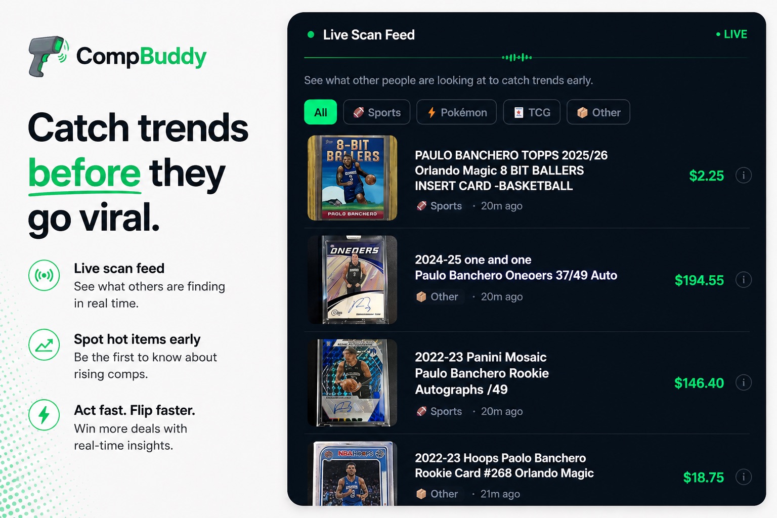Live Scan Feed — real-time card listings across Sports, Pokémon, TCG